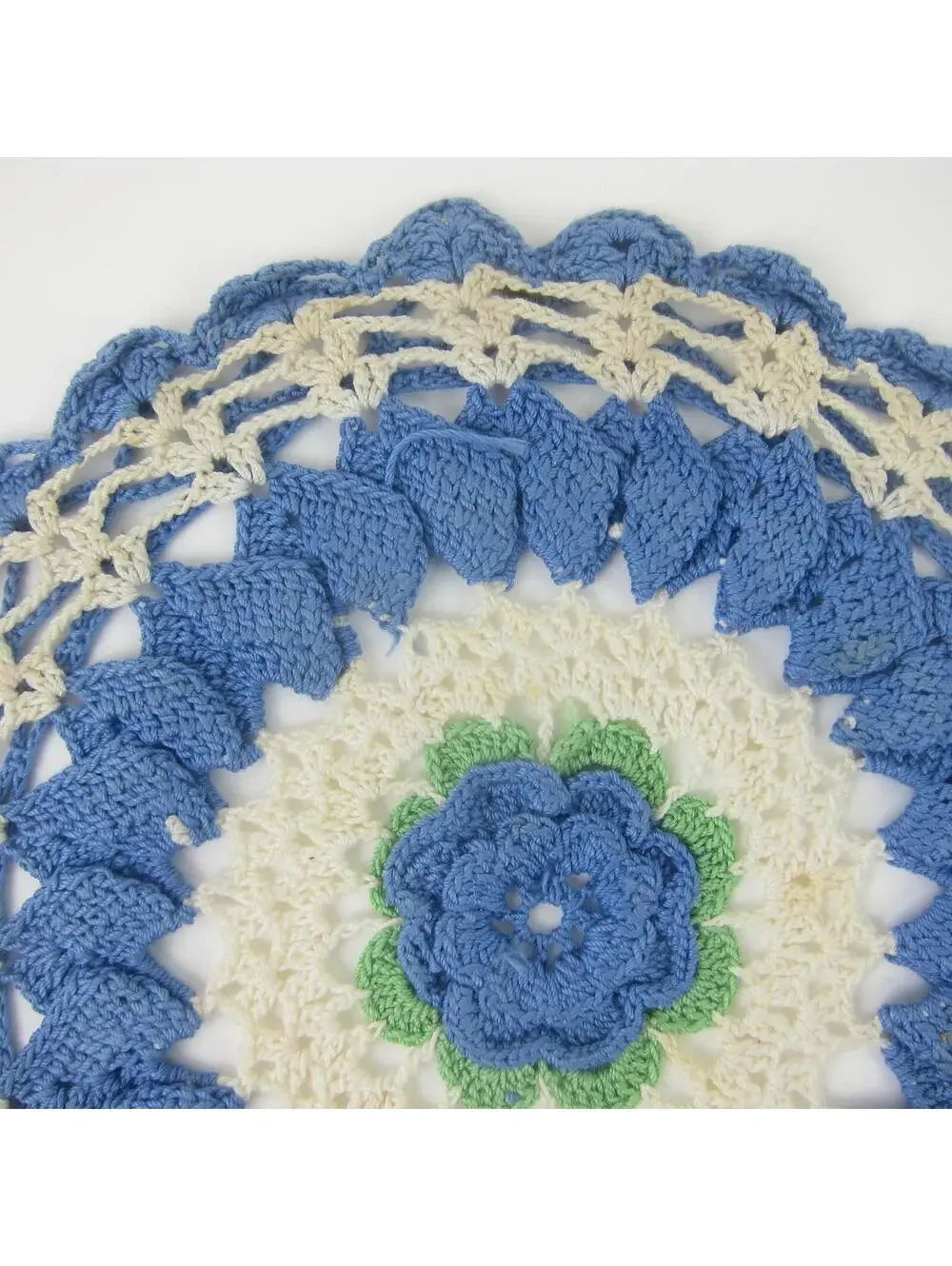 Vintage Rose Hot Plate Doily Blue Flower Cream Green 9.5